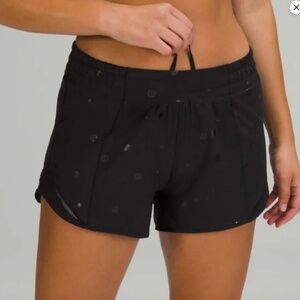 Lululemon Hotty Hot Short 4".  Black Polka Dot Foil Logo.